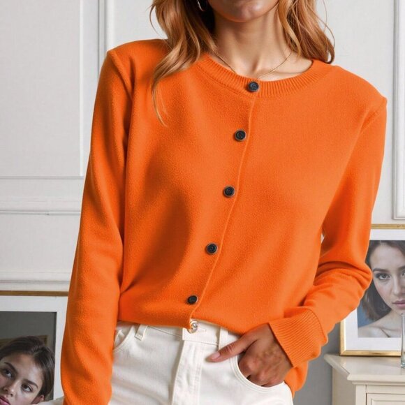 Orange Casual Women's Round Neck Front Button Cardigan - Picture 6 of 6